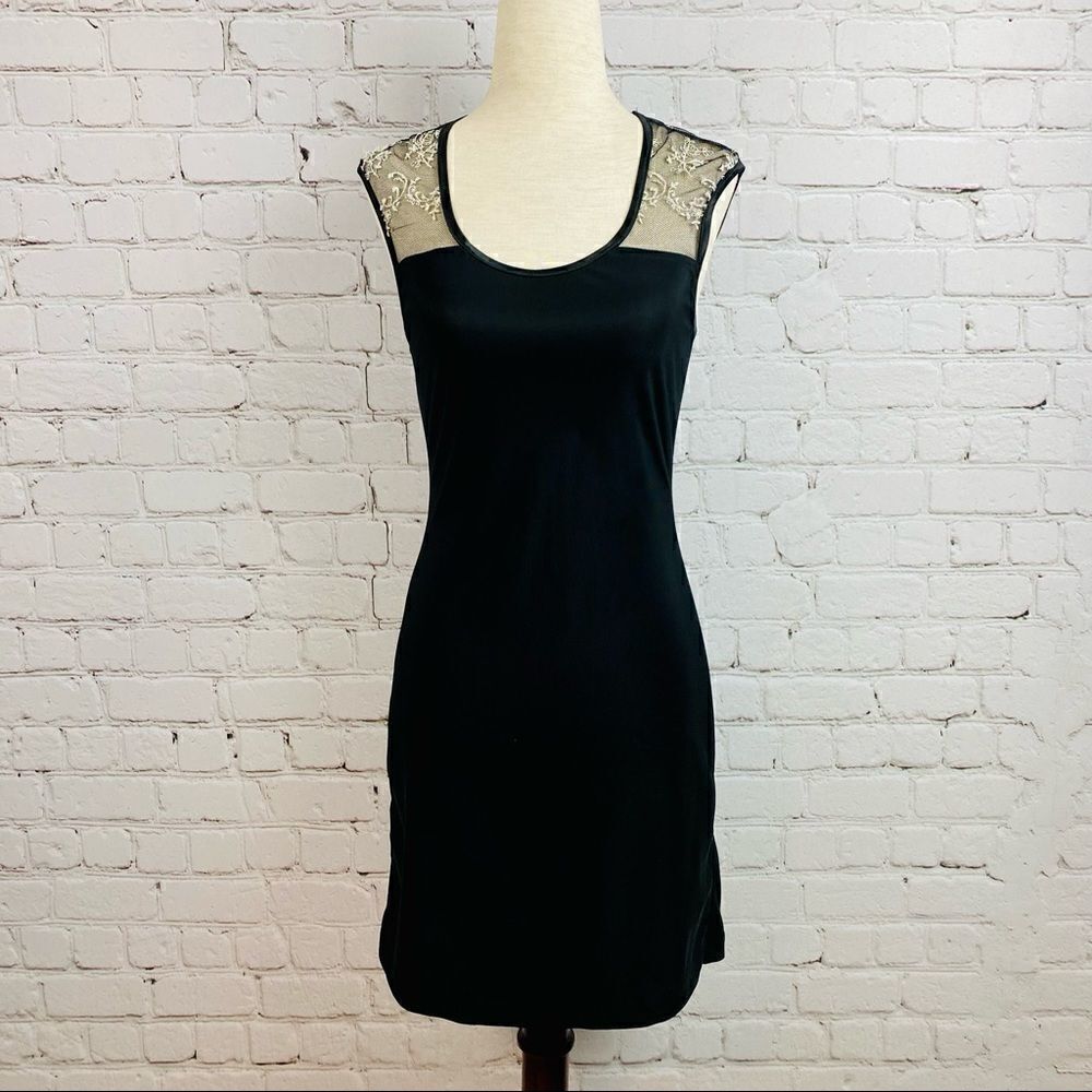 VTG 80s Fredericks of Hollywood Stretch Bodycon Mesh Embroidered Sheath Dress